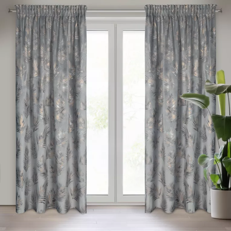 Zasłona stalowo, szampańska w złote liście palmy z welwetu 140x300 cm taśma GLORIA Eurofirany