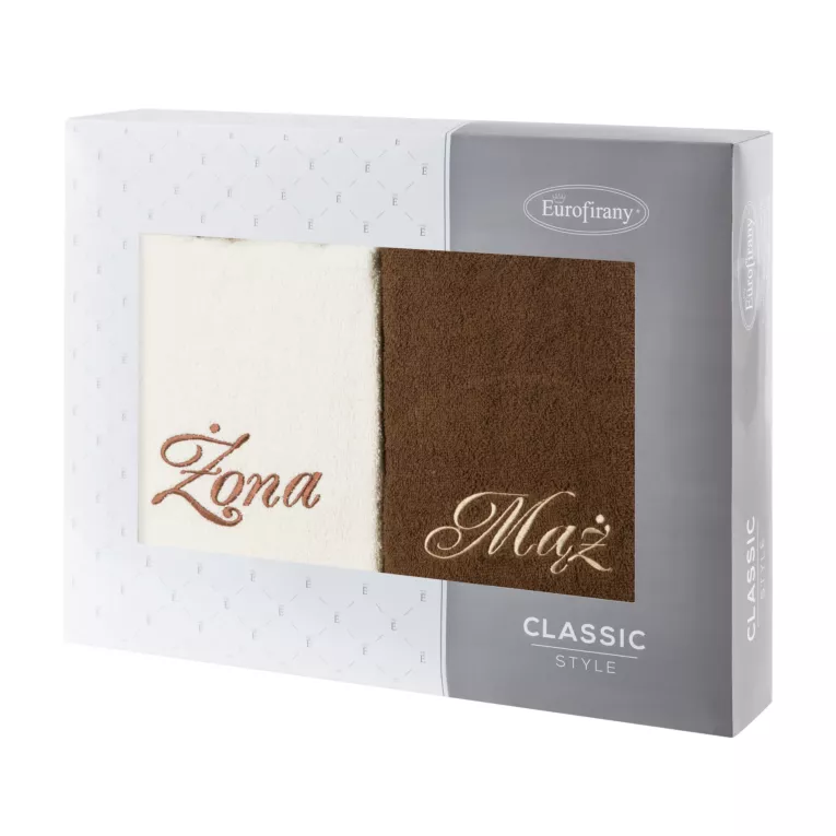 Zestaw ręczników bawełnianych 2 szt 70x140 cm z haftem Żona i Mąż kolor kremowy,brązowy 400 g/m2 Eurofirany