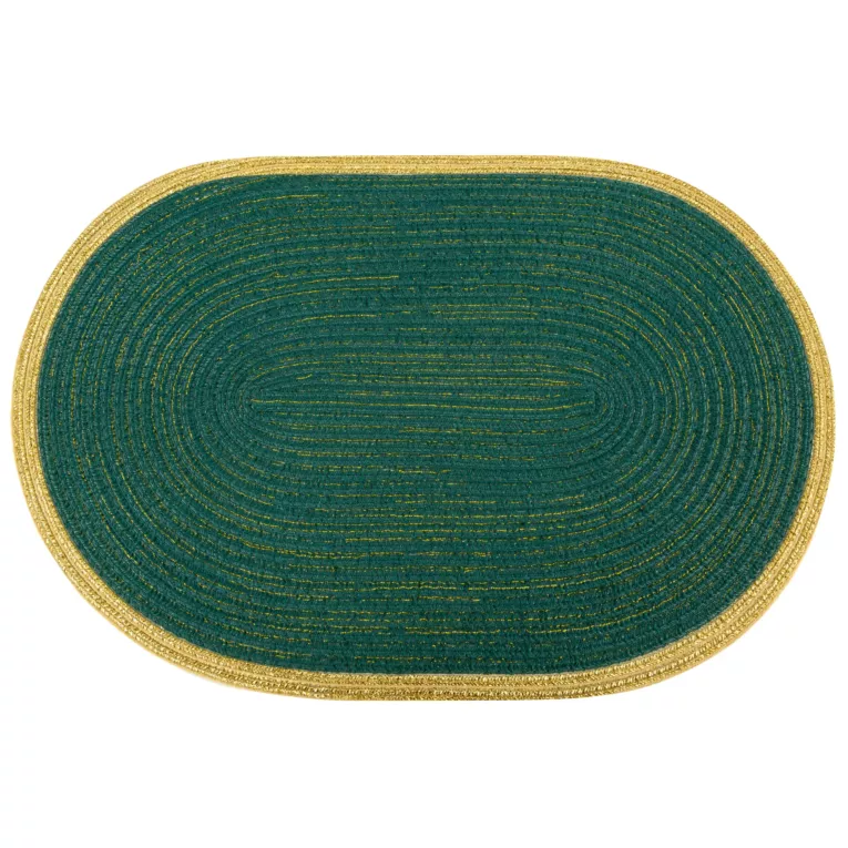 Podkładka owalna na stół ciemnoturkusowa 30 x 45 cm TIRANA strukturalna przetykana złotą nicią z ozdobną lamówką