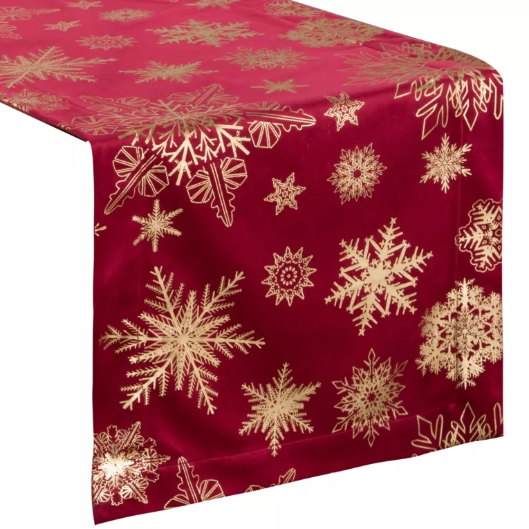 Bieżnik na stół czerwono, szampański 40x140 cm welwetowy JOY w śnieżynki