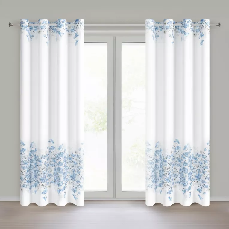Zasłona biało, niebieska o satynowym splocie zdobiona motywem kwiatów 140x250 cm przelotka - NOA Eurofirany