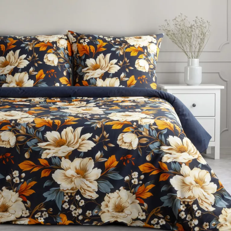 Pościel 160x200 cm bawełna ranforce kolor granatowy, pomarańczowy z motywem kwiatów FIORA Eurofirany