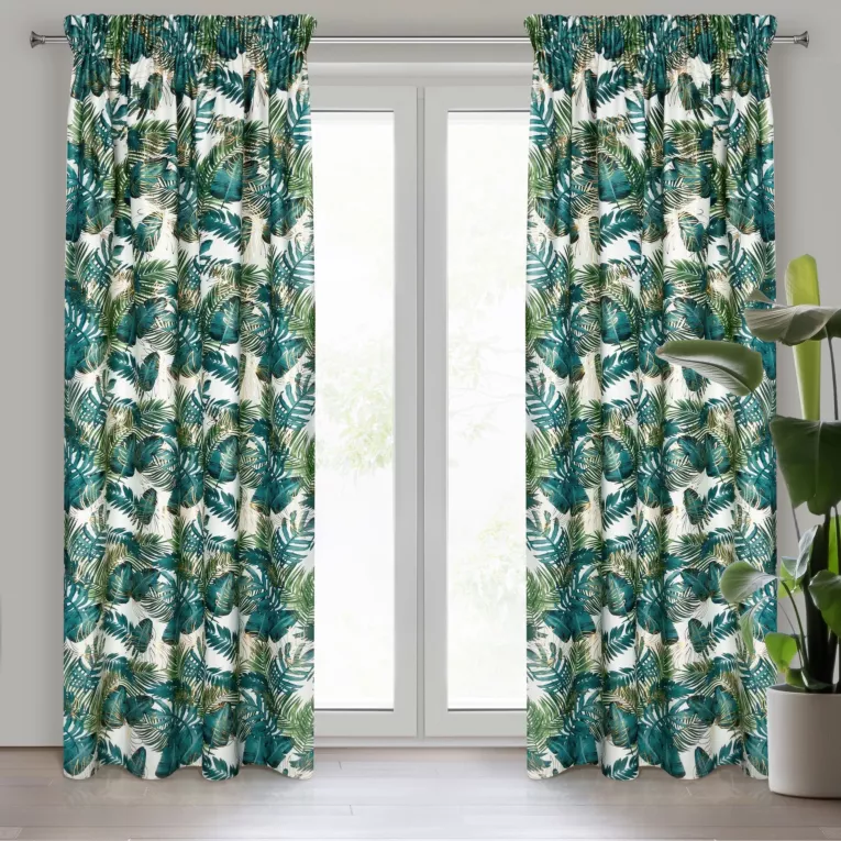 Zasłona biało, zielona z błyszczącym wzorem egzotycznych liści z welwetu 140x270 cm taśma DAVOS  Eurofirany