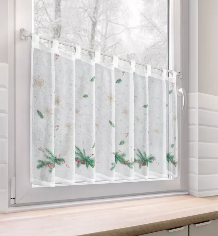 Zazdrostka świąteczna biało, zielona z etaminy zdobiona nadrukiem z motywem świątecznym 150x60 cm szelki - XMAS 4 Eurofirany