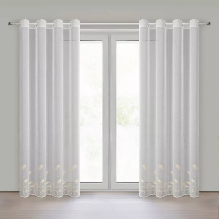 Firana biało, beżowa z etaminy zdobiona haftem w źdźbła ozdobnej trawy  140x250 cm przelotka - TASHA Eurofirany