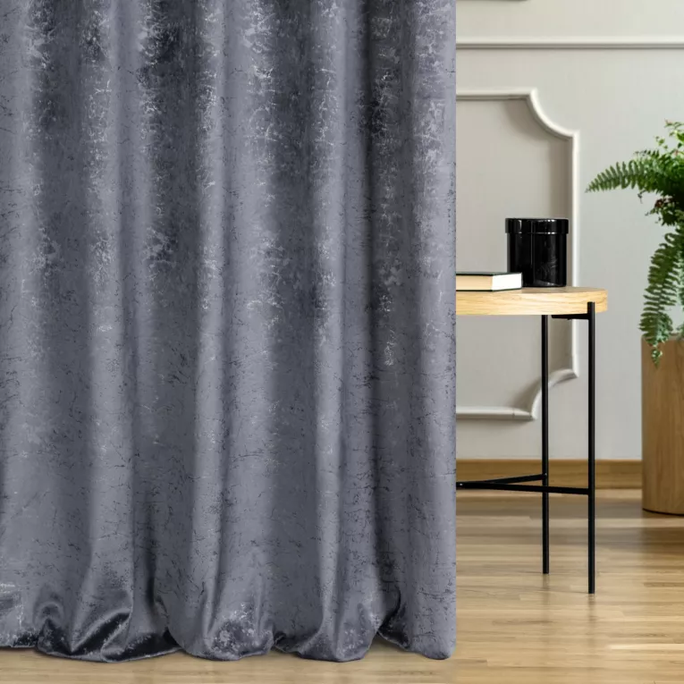 Zasłona szyta na taśmie fala grafitowa miękka tkanina welwetowa, ze złotym marmurowym nadrukiem