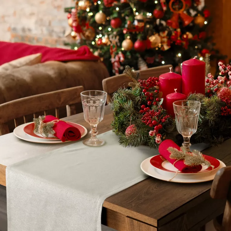 Bieżnik na stół naturalny 40x180 cm z żakardowej tkaniny FLASH przetykanej jasnozłotą nicią