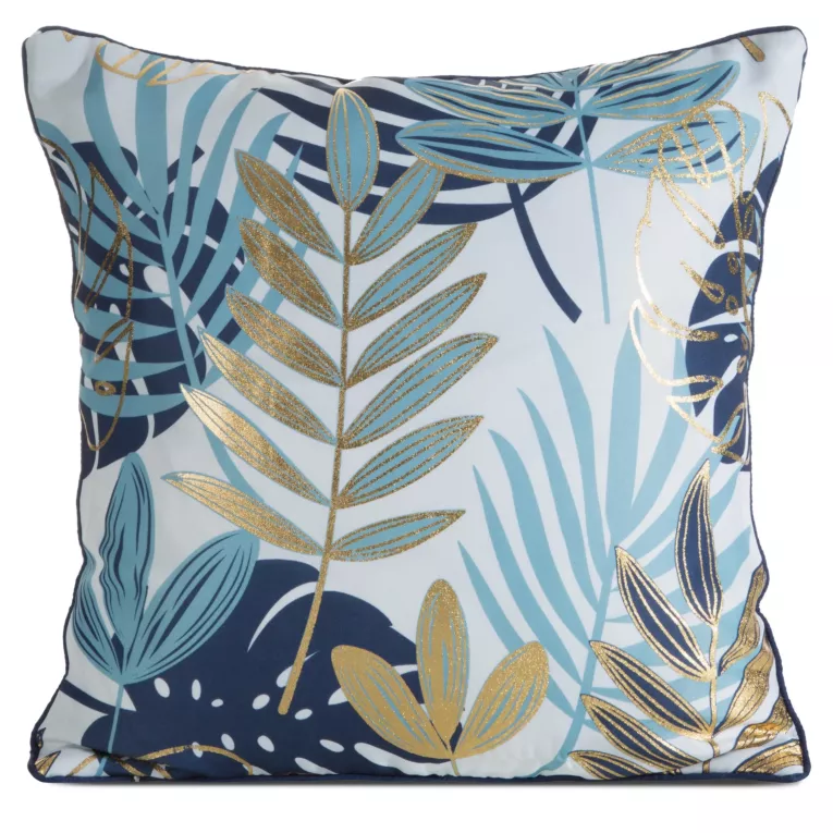 Poszewka na poduszkę 45x45 cm z tkaniny typu oxford zdobiona złotymi egzotycznymi liśćmi granatowa MALTA Eurofirany