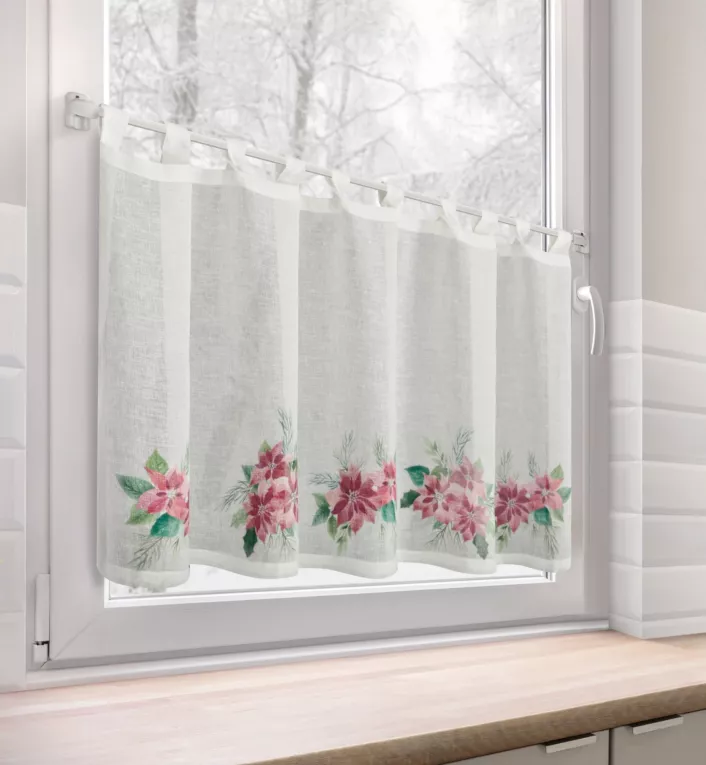 Zazdrostka świąteczna biało, czerwona zdobiona motywem gwiazd betlejemskich szelki 150x60 cm - XMAS 3 Eurofirany