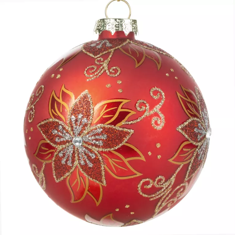 Czerwona szklana bombka choinkowa zdobiona brokatowym wzorem  gwiazdy betlejemskiej 10 cm Eurofirany