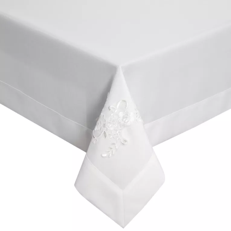 Obrus biały 140x 280 cm BARI obszyty szeroką kantą i zdobiony koronkową aplikacją EUROFIRANY PREMIUM