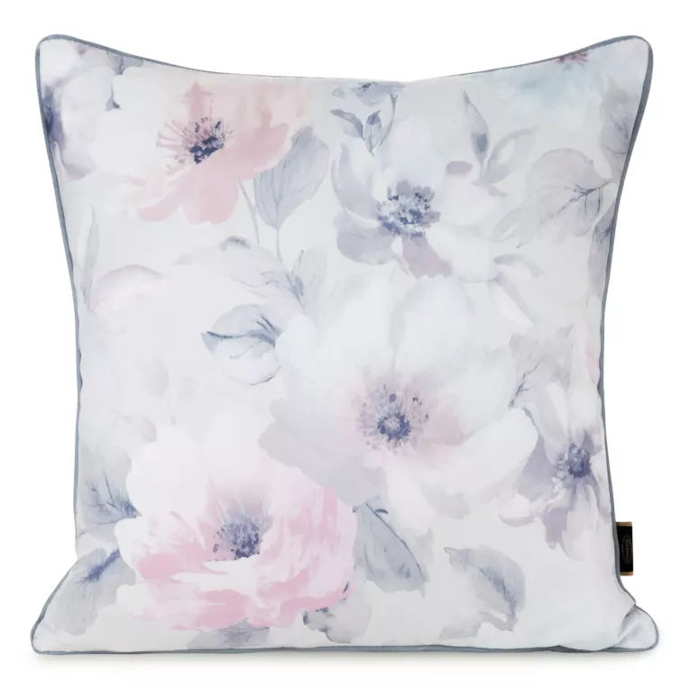 Poszewka na poduszkę 45x45 cm welwetowa z nadrukiem pastelowych kwiatów i ozdobną kontrastującą wypustką kremowo, różowa VELVET 148 EUROFIRANY PREMIUM