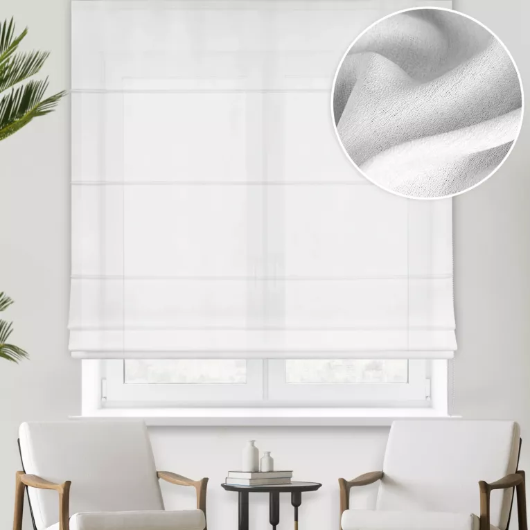 Roleta rzymska biała z grubszej żorżety wykończonej obciążnikiem