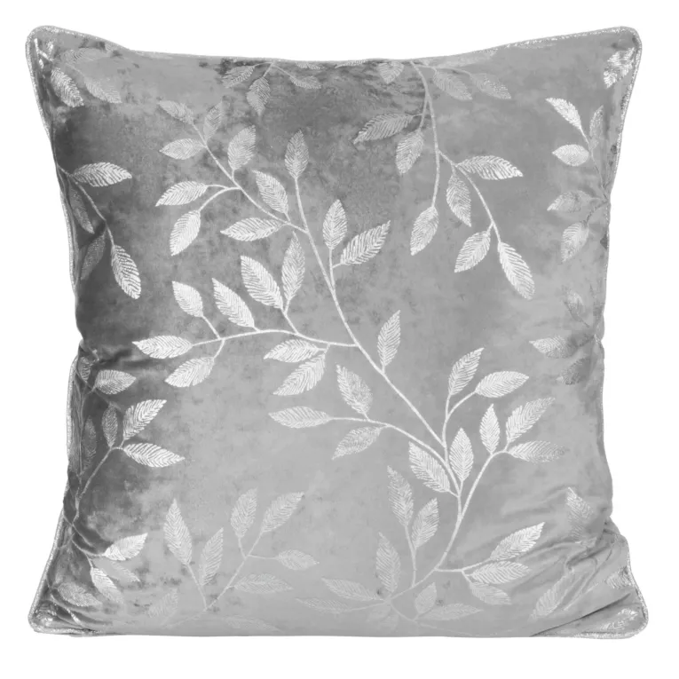 Poszewka na poduszkę 45x45 cm welwetowa z błyszczącym metalicznym nadrukiem liści pudrowo stalowa VELVET 71 EUROFIRANY PREMIUM