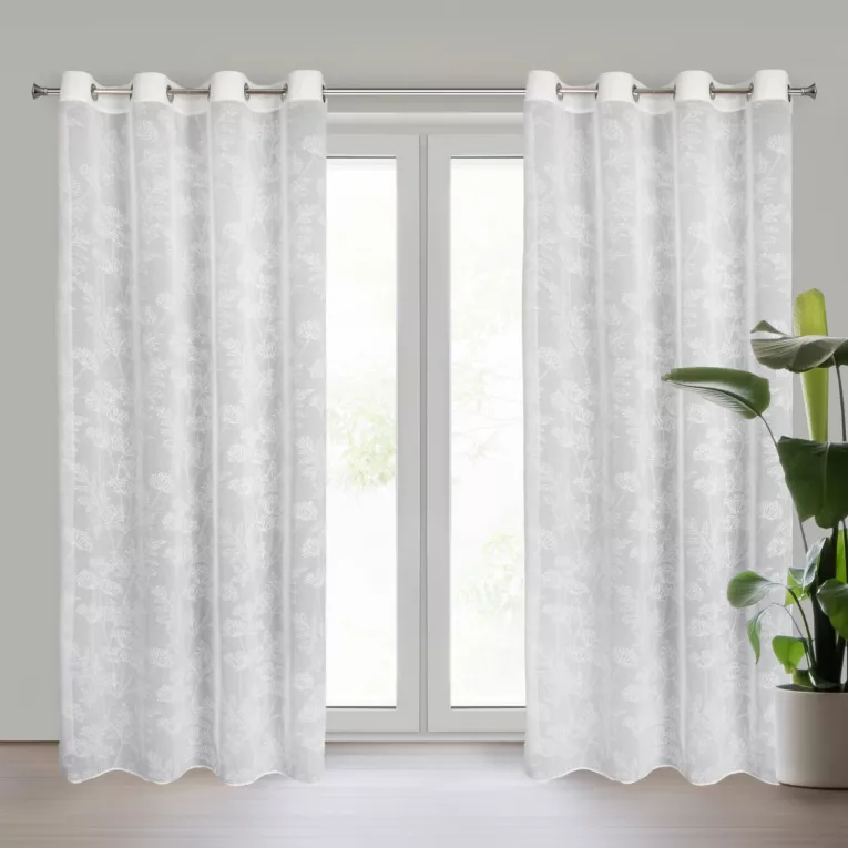 Dekoracja okienna biała z nadrukiem kwiatów 140x250 cm przelotka POLI Eurofirany
