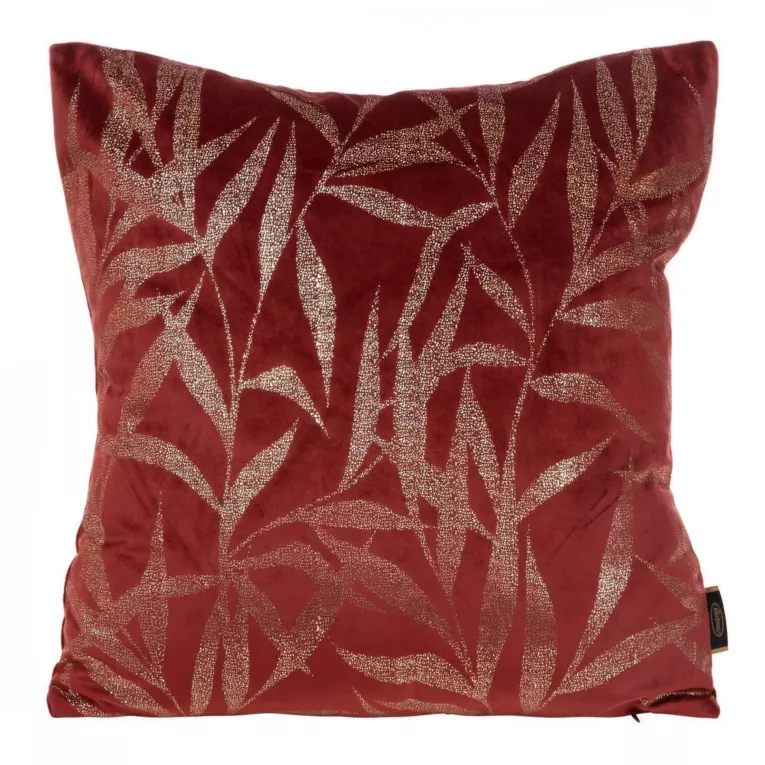 Poszewka na poduszkę 45x45 cm welwetowa ze złocistym nadrukiem liści bordowo BLINK 22 Eurofirany