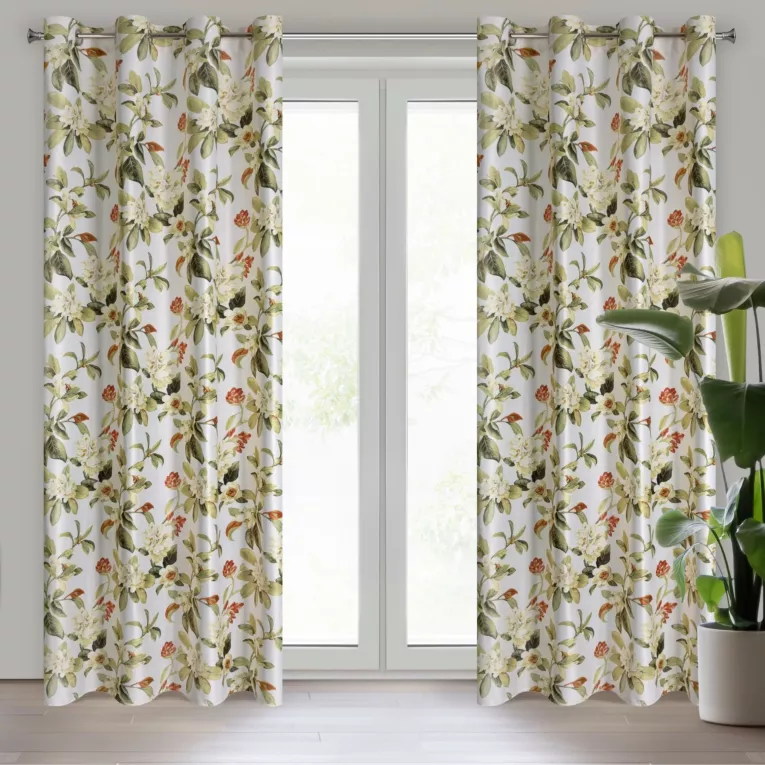 Zasłona biało, oliwkowa w kwiaty z tkaniny welwetowej 140x250 cm przelotka ALEA Eurofirany