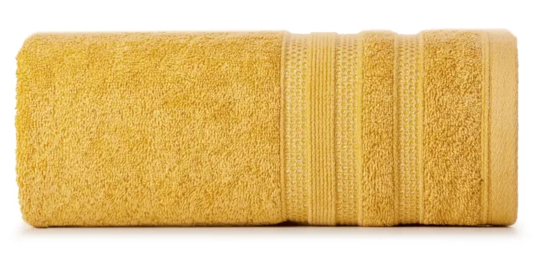 Ręcznik kąpielowy 70x140 cm bawełniany kolor musztradowy z bordiurą w błyszczące paski 500 g/m2 JUDY Eurofirany