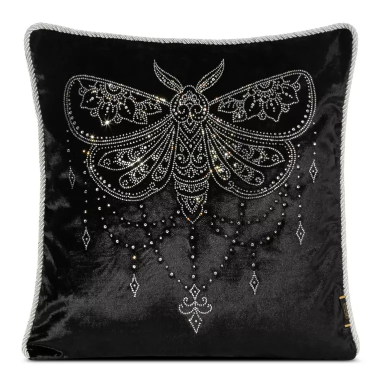 Poszewka na poduszkę 45x45 cm welwetowa zdobiona wzorem motyla z kryształków czarna ROYAL 8 Eurofirany