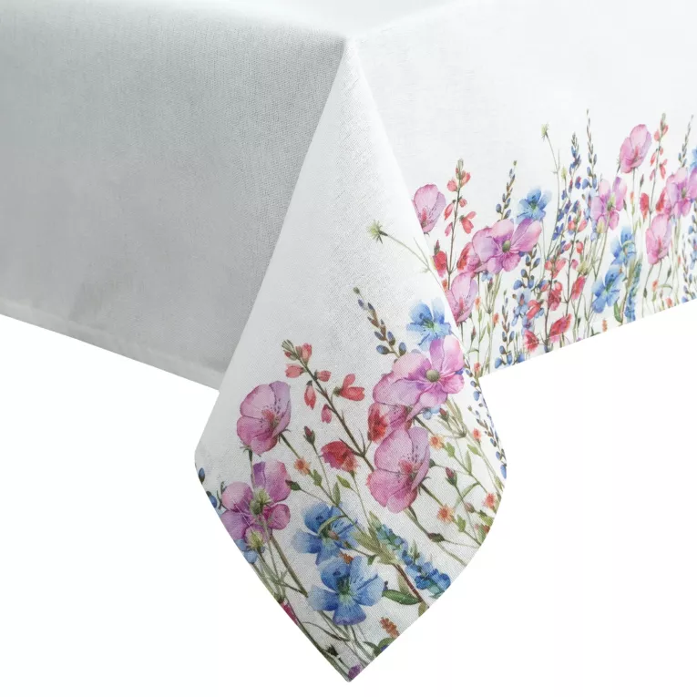 Obrus na stół plamoodporny 110x140 cm biało, różowy z motywem wiosennych kwiatów - RUBY Eurofirany