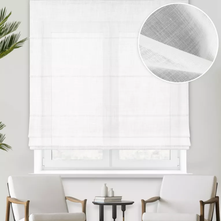 Roleta rzymska biała z matowej gęsto tkanej etaminy o naturalnym splocie i wysokości 350cm