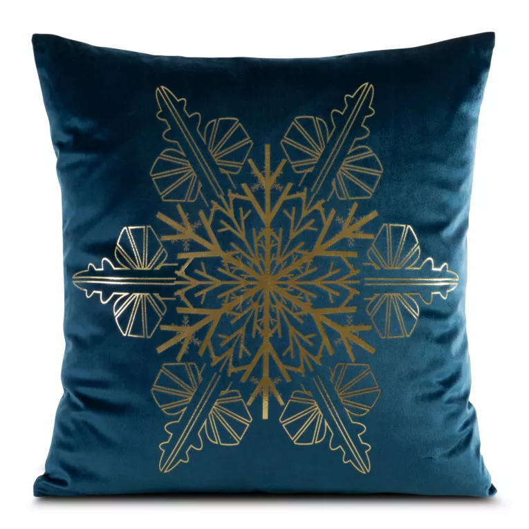 Poszewka na poduszkę 45x45 cm welwetowa zdobiona śnieżynkami granatowo, złota JOY Eurofirany