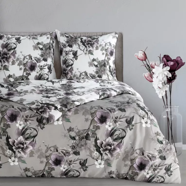 Pościel 220x200 cm bawełniana kolor popielaty, biały dwustronna z wzorem kwiatowym NIKA 54 Eurofirany