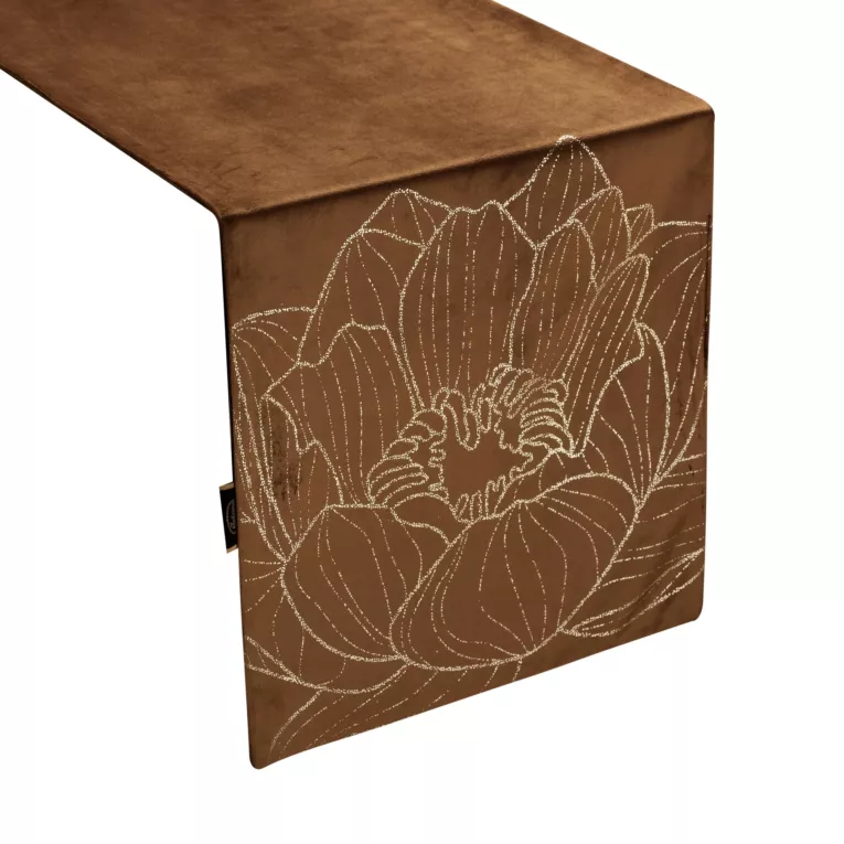 Bieżnik na stół brązowo, złocisty 35x220 cm welwetowy BLINK 13 z dużym wzorem lilii wodnej