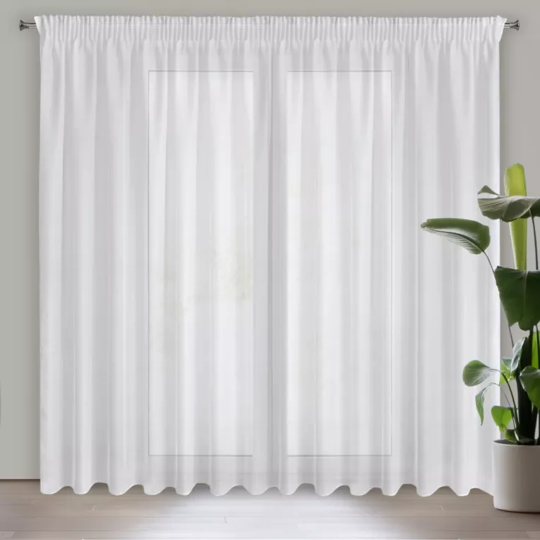 Firana biała o strukturze drobnego deszczyku wzór poziomy 300x270 cm taśma REBECCA Eurofirany