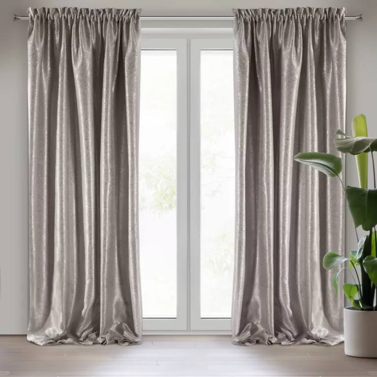 KATIE GRUBA BEŻOWA ZASŁONA ZE SREBRNYM METALICZNYM NADRUKIEM 135x250 NA PRZELOTKACH EUROFIRANY DIVA LINE