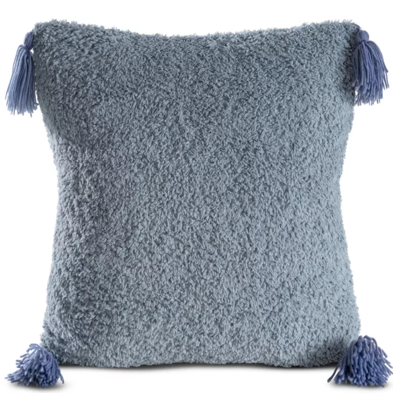Poszewka na poduszkę 45x45 cm o strukturze miękkiego futra z ozdobnymi chwostami niebieska ELDA Eurofirany