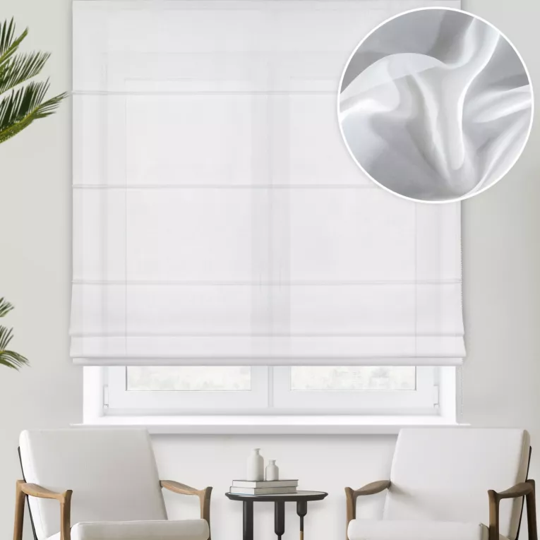 Roleta rzymska RAMIRA biała z wysokogatunkowego niemieckiego woalu, wykończona obciążnikiem