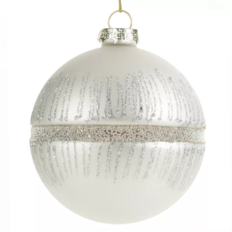 Srebrna szklana bombka choinkowa z tłoczeniem i koralikami 8 cm Eurofirany