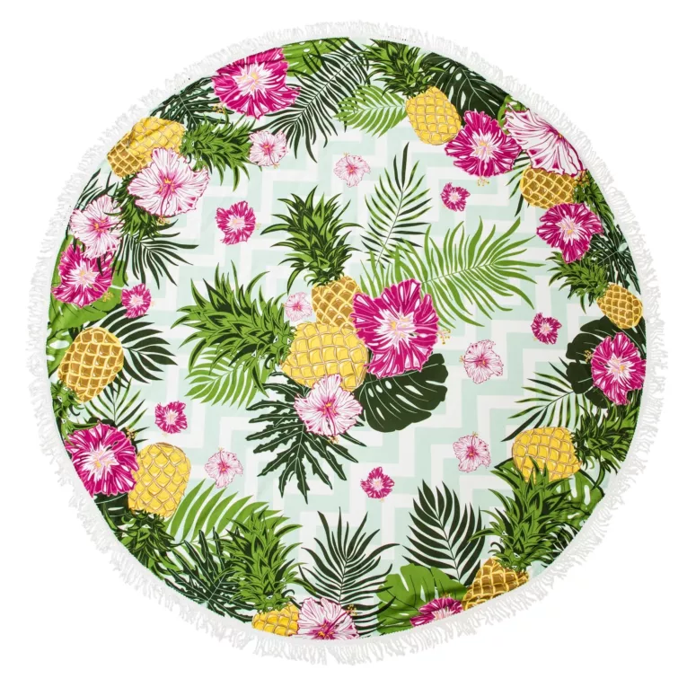 HAVANA 4 okrągły ręcznik plażowy w egzotyczne kwiaty zdobiony frędzlami Eurofirany