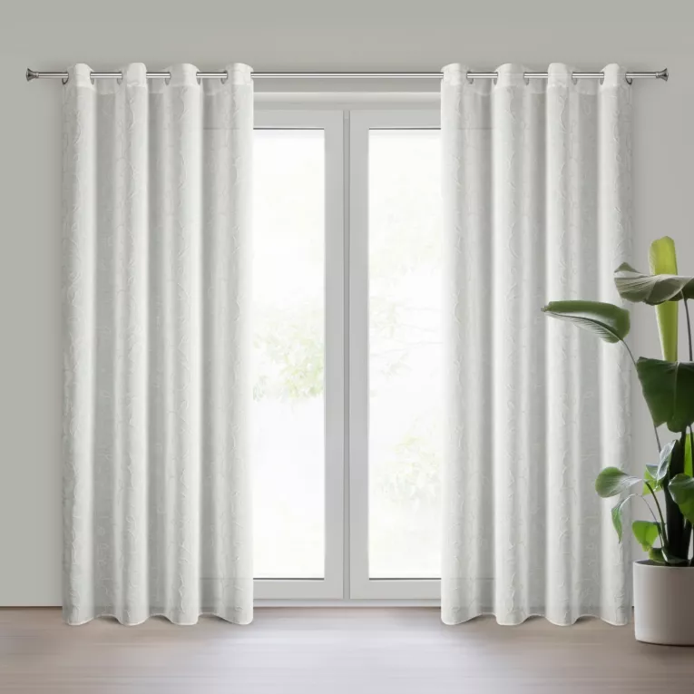 Zasłona biała zdobiona szenilowym haftem w liście 140x250 cm przelotki - ILENA Eurofirany