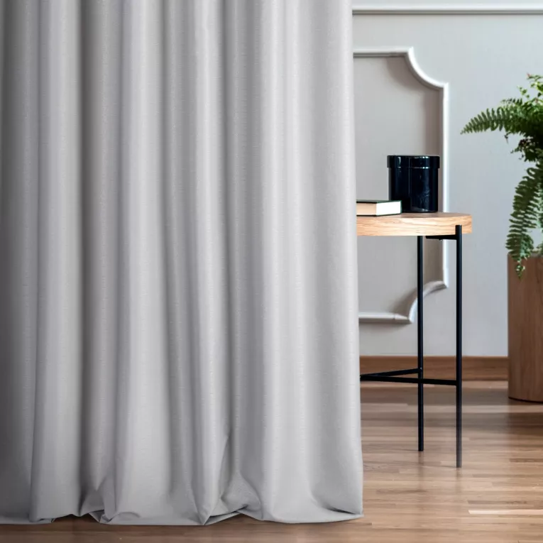 Zasłona szyta na flexach JULIETT popielata z eleganckiej połyskującej tkaniny przetykanej lureksową nicią