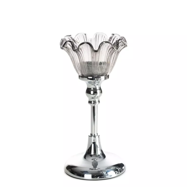 Świecznik dekoracyjny srebrno, grafitowy o szklanej kwiatowej formie średnica 11x22 cm ADENA Eurofirany