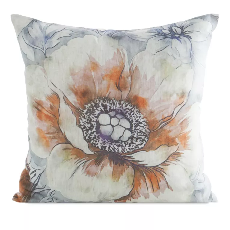 Poszewka na poduszkę 45x45 cm o strukturze lnu z nadrukiem kwiatów kremowo, pomarańczowa LEN Eurofirany