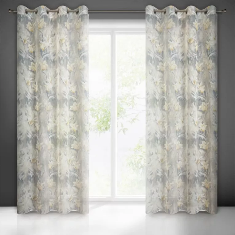 Zasłona popielato, beżowa ze wzorem kwiatowym z etaminy 140x250 cm przelotka OLA Eurofirany