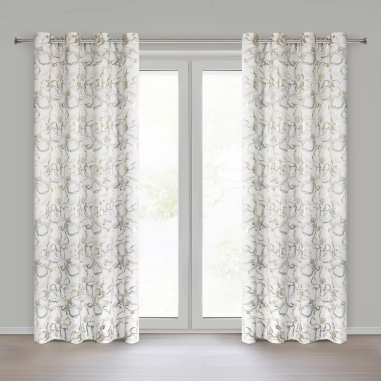 Zasłona biało, szara z welwetu zdobiona nadrukiem kwiatów i szampańskich akcentów 140x250 cm przelotka - LISA Eurofirany