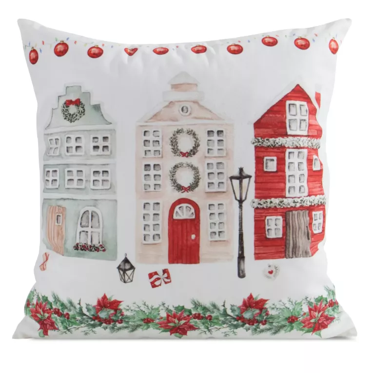 Poszewka na poduszkę welwetowa 45x45 cm zdobiona uroczym nadrukiem domków świątecznych Eurofirany