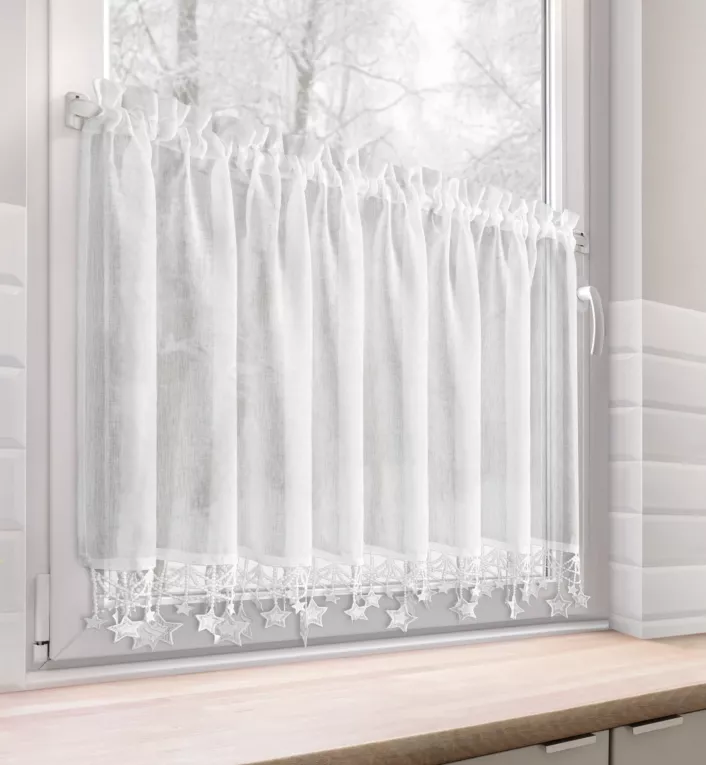 Zazdrostka świąteczna biała z etaminy zdobiona luźno zwisającymi gwiazdkami 150x60 cm tunel - XMAS Eurofirany