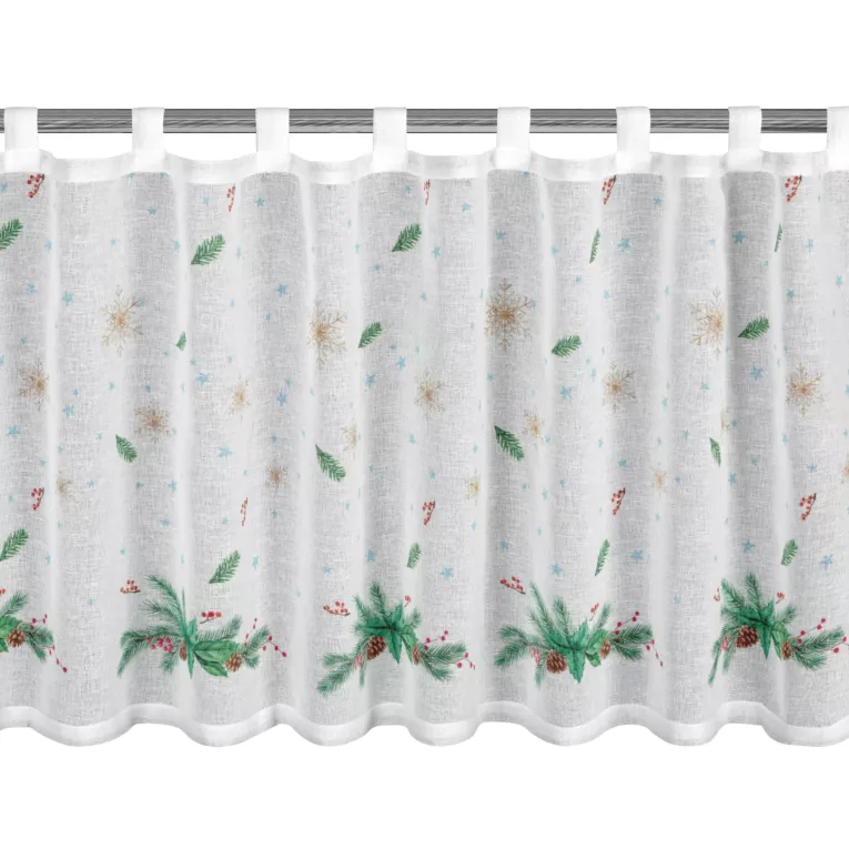 Zazdrostka świąteczna biało, zielona z etaminy zdobiona nadrukiem z motywem świątecznym 150x60 cm szelki - XMAS 4 Eurofirany