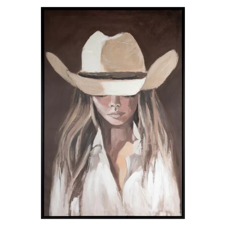Obraz brązowo, kremowy nadruk na płótnie portret kobiety w kapeluszu 80x120 cm Eurofirany