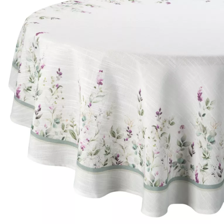 Obrus okrągły naturalno, miętowy średnica 120 cm SUMMER 11 zdobiony nadrukiem letnich kwiatów