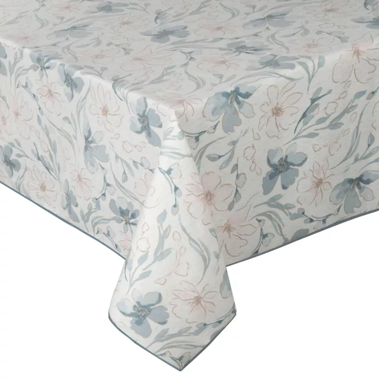 Obrus naturalno, jasnoniebieski 145x220 cm INES 10 z nadrukowanym motywem pastelowych kwiatów