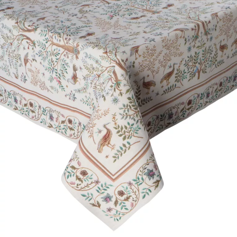 Obrus naturalno, jasnobrązowy 140x220 cm gobelinowy zdobiony nadrukiem inspirowanym projektami Williama Morrisa