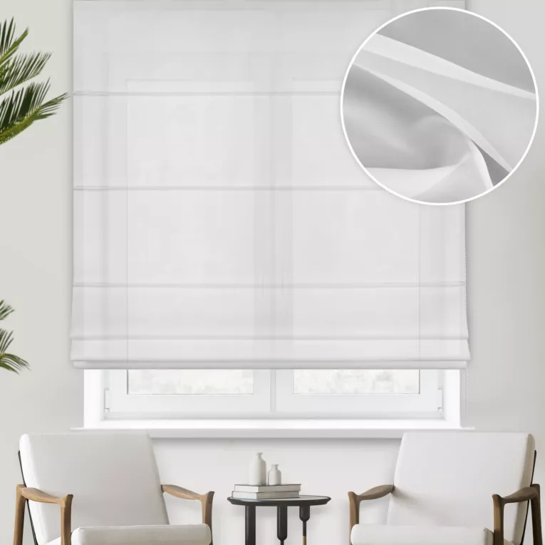 Roleta rzymska biała z wysokiej jakości niepalnego woalu z certyfikatem, wykończona obciążnikiem