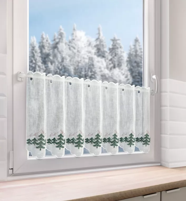 Tkanina firanowa zazdrostka z haftem świątecznym z motywem choinek Eurofirany