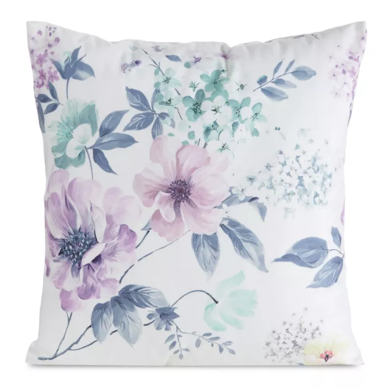 Poszewka na poduszkę 45x45 cm welwetowa zdobiona nadrukiem kwiatów biało, fioletowa MINK Eurofirany